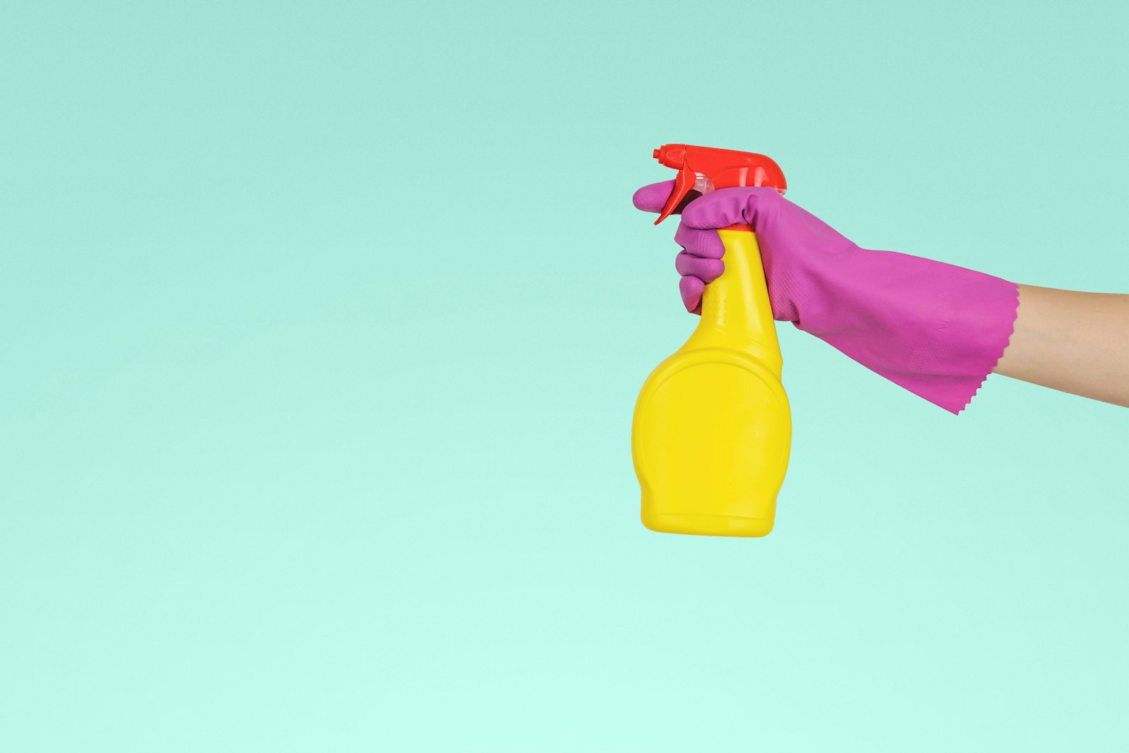 Cleaning spray bottle and cloth on a bench