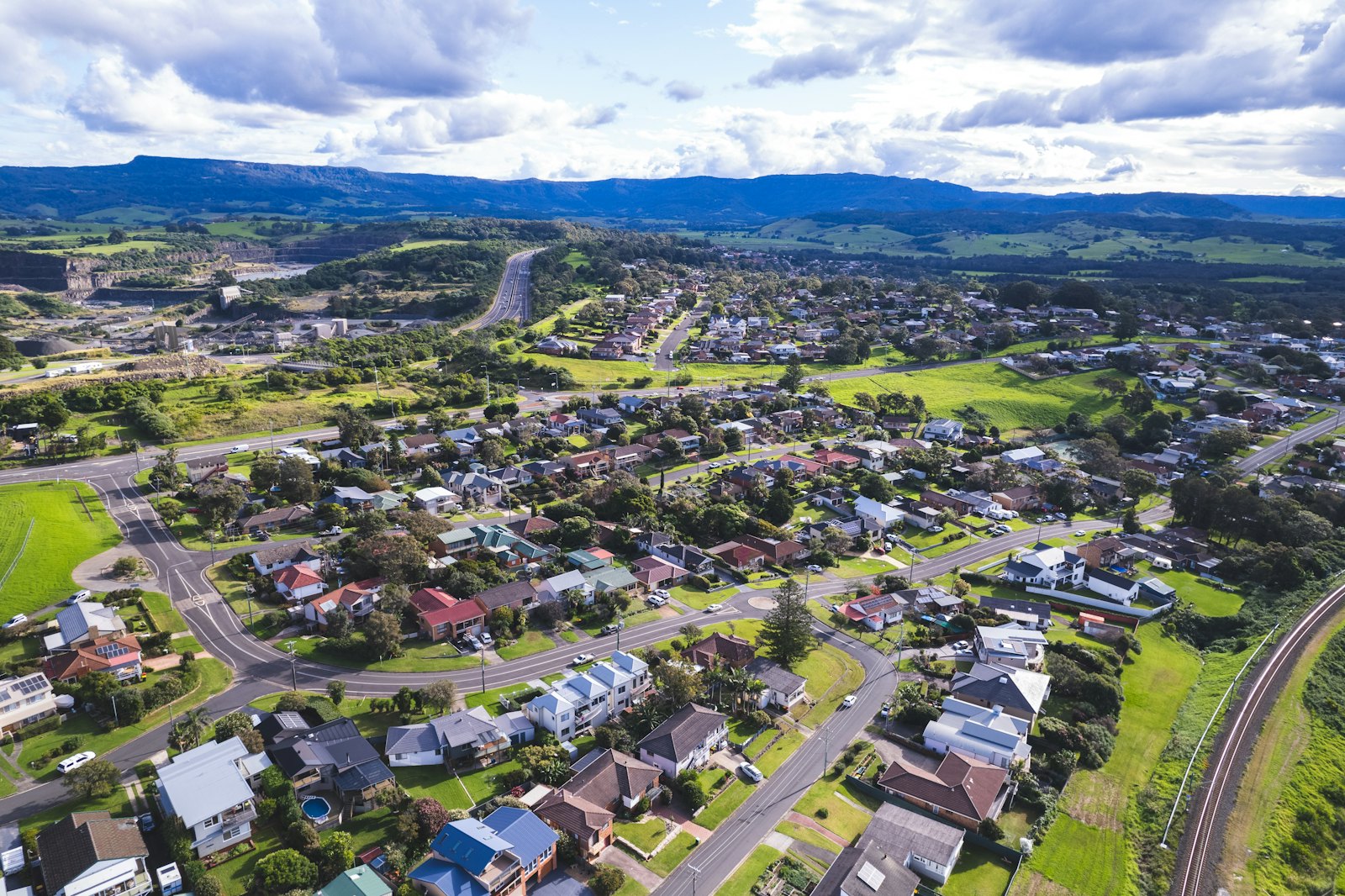 Overhead view of suburban streets in a regional town